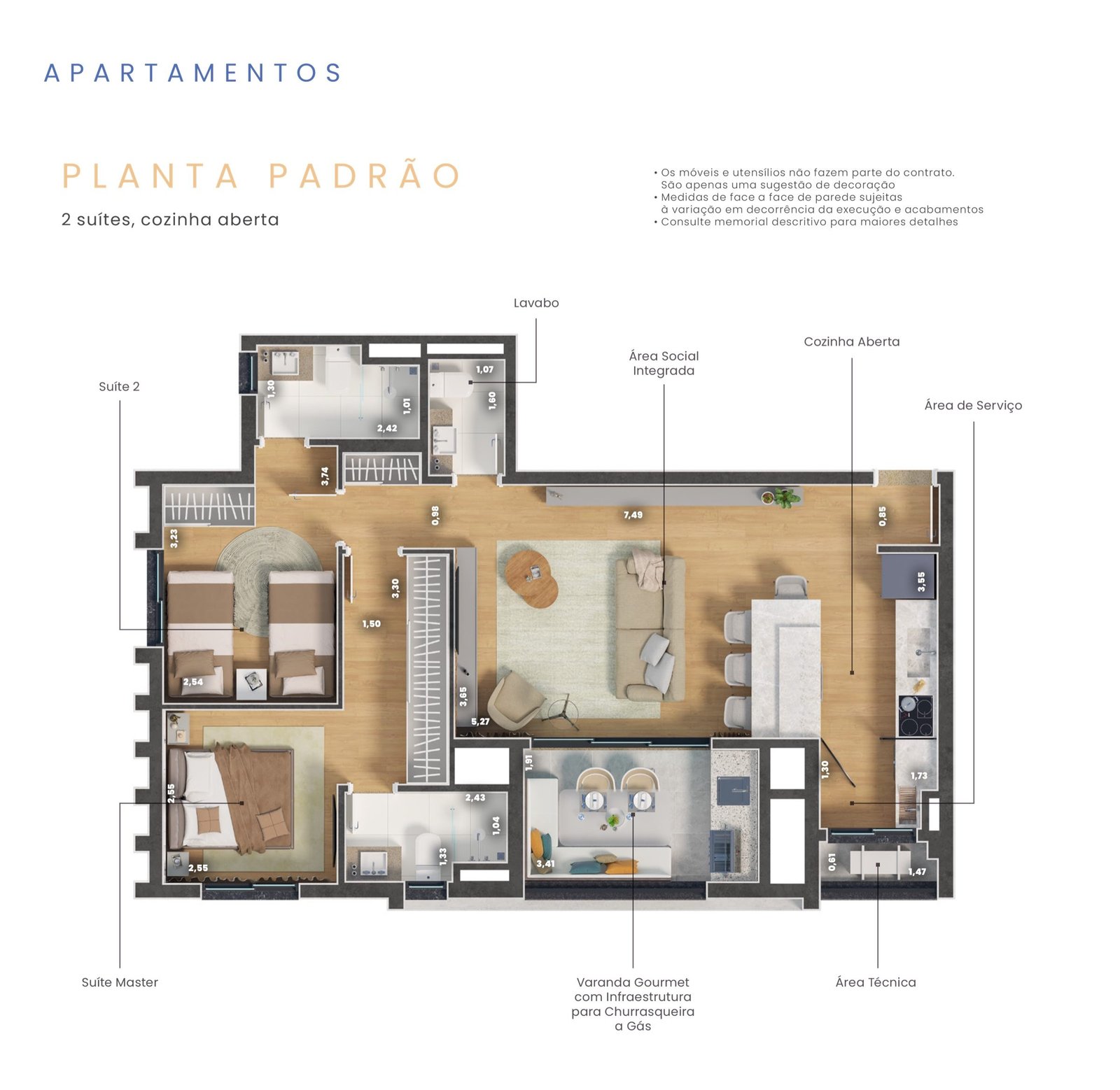 Planta padrão do apartamento de 77 m², com medidas e nome dos cômodos